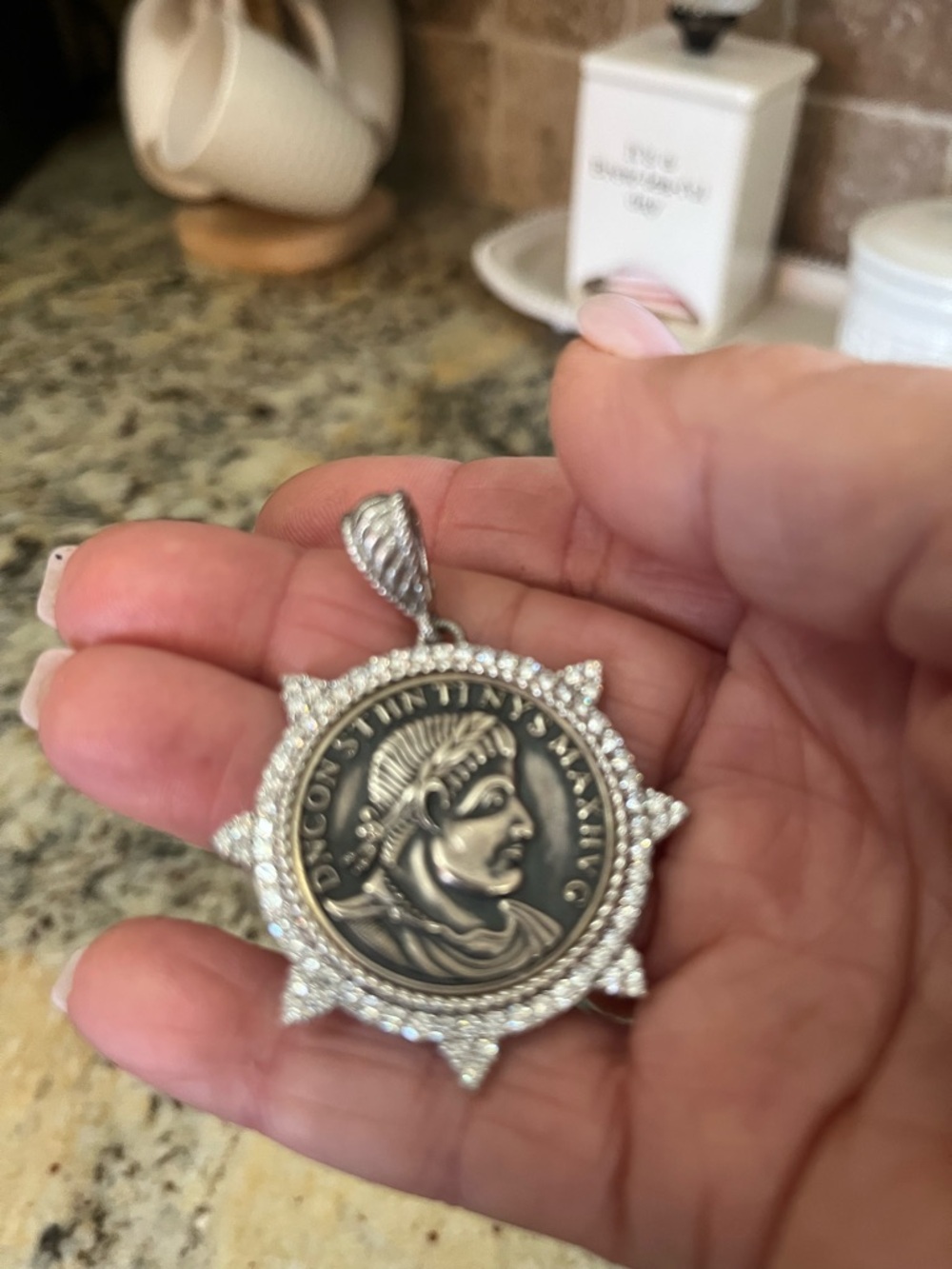 Judith Ripka Silver Roman Coin Medal Pendant with Clear Stones